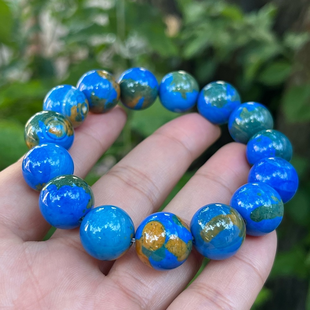 14mm stretchable blue earth pattern agate bracelet - Picture 8 of 13